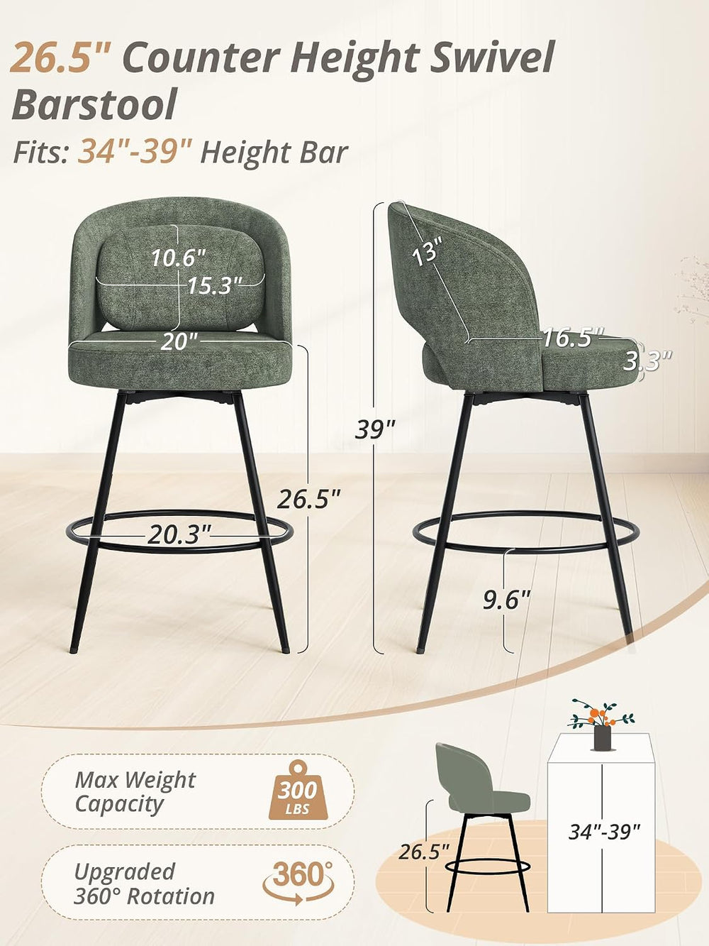 LUE BONA 26" H Swivel Bar Stools Set of 3, Counter Height Bar Stools wit...