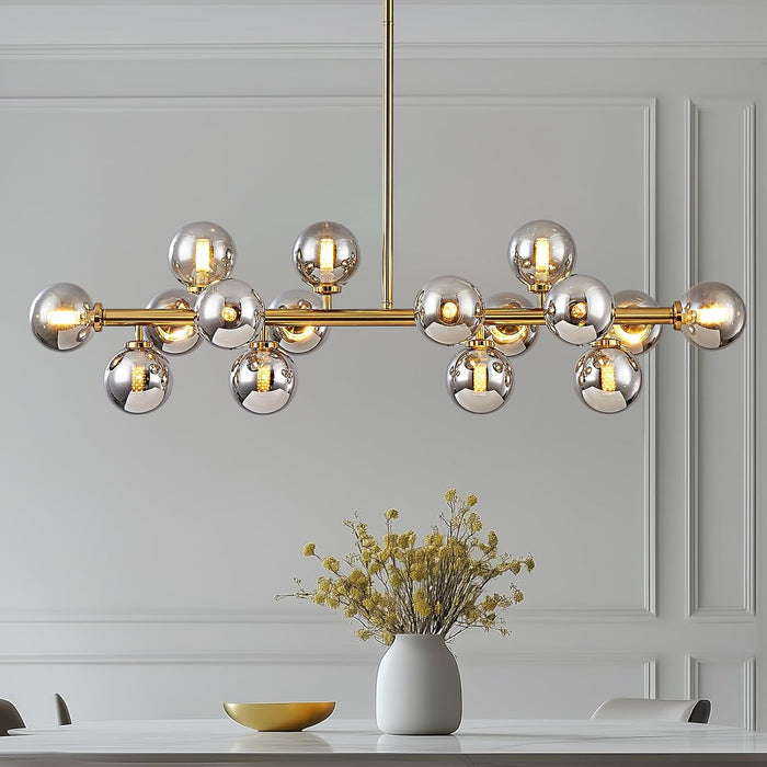 16-Light Globe Sputnik Chandelier, Mid Century Modern Light Fixture Over Table, Brass Gold Linear Chandeliers for Dining Room, Kitchen Island, Bedroom (Smoke Grey Glass Bubble, 40 Inch)