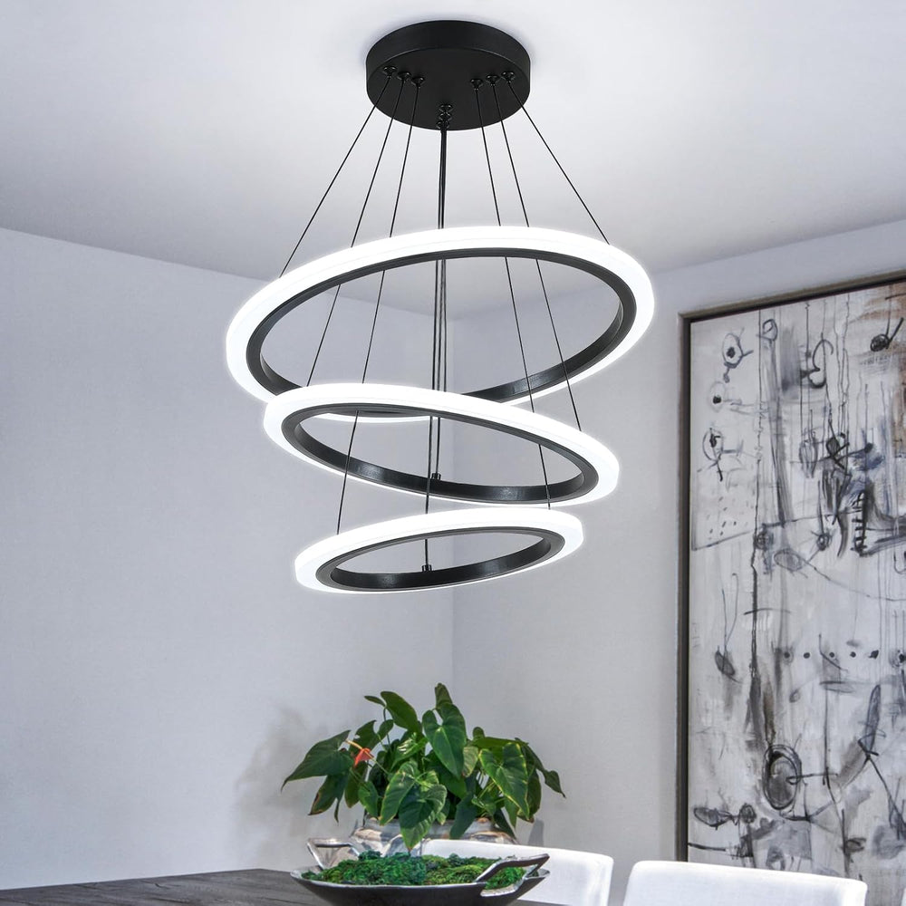 O'NEELDY Modern 3 Ring LED 52W Black Pendant Light with Irregular Ring Li...