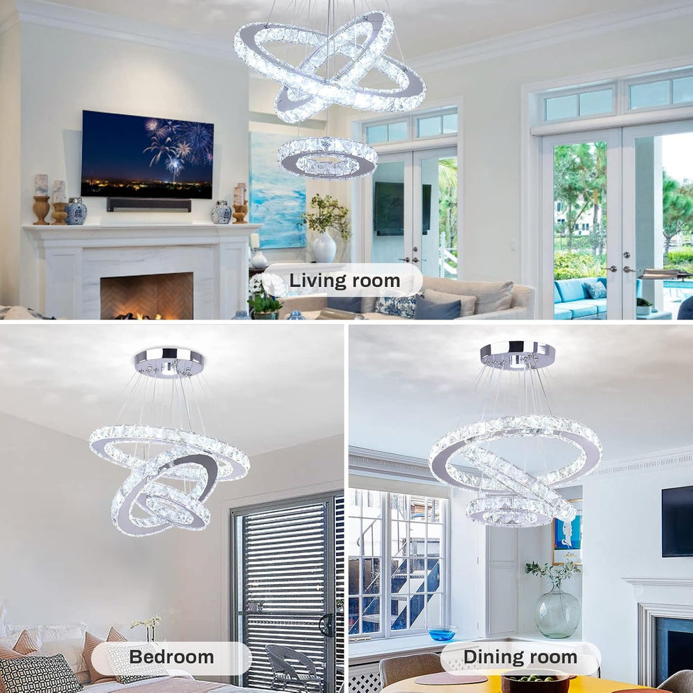 3-Ring Crystal Pendant Light, Adjustable LED, Cool White