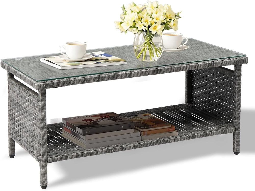 VINGLI Outdoor Wicker CoffeeTable Patio Coffee Tables for Outside, Tempered G...