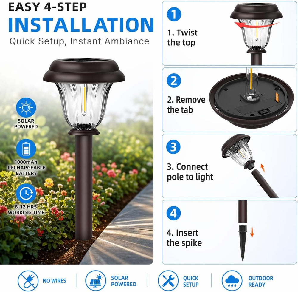 DERAYSION 8 Pack Solar Lights Outdoor, Stainless Steel Glass Solar Pathway Li...