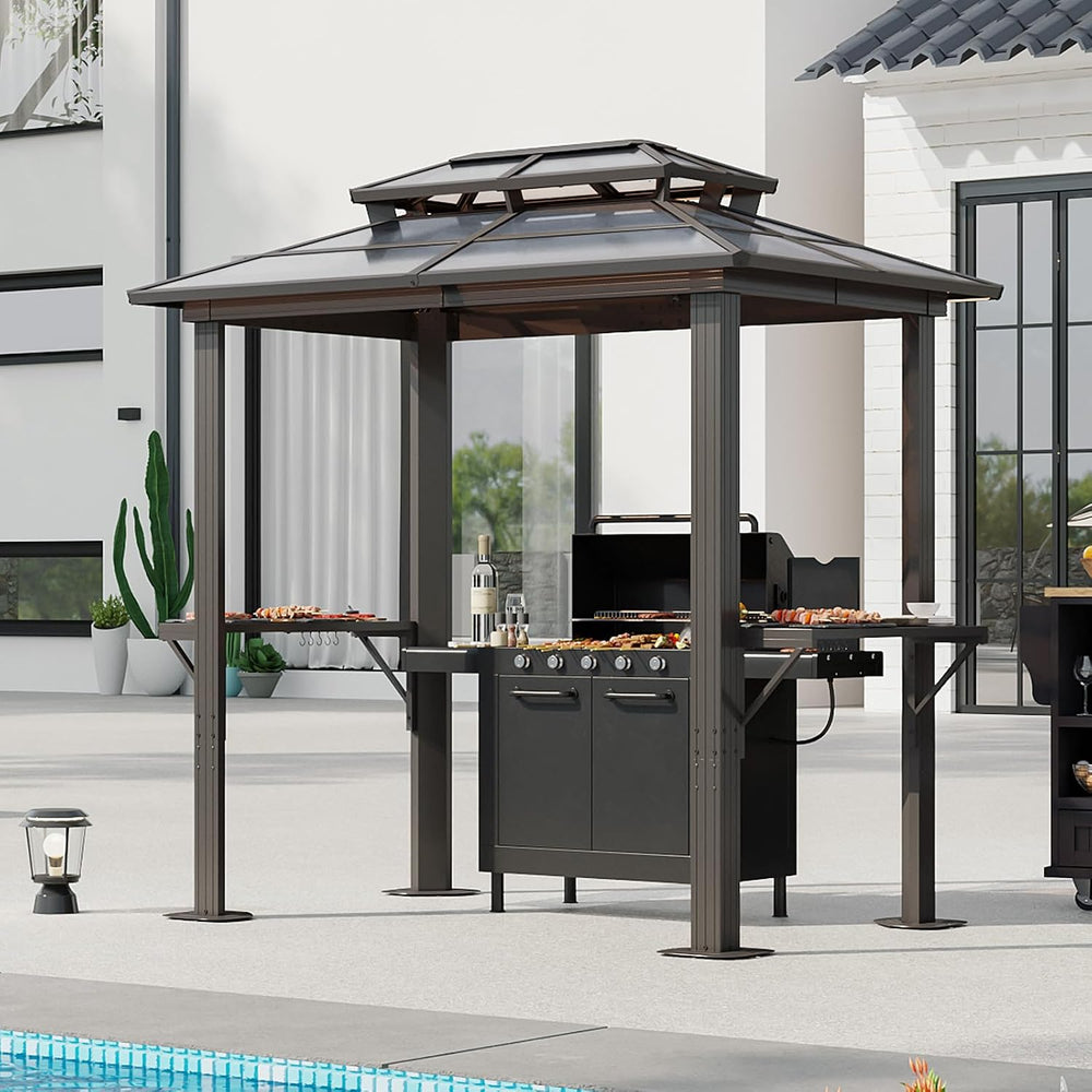 Aoxun Grill Gazebo 8 x 5FT, Hardtop Gazebo with Double Polycarbonate Top