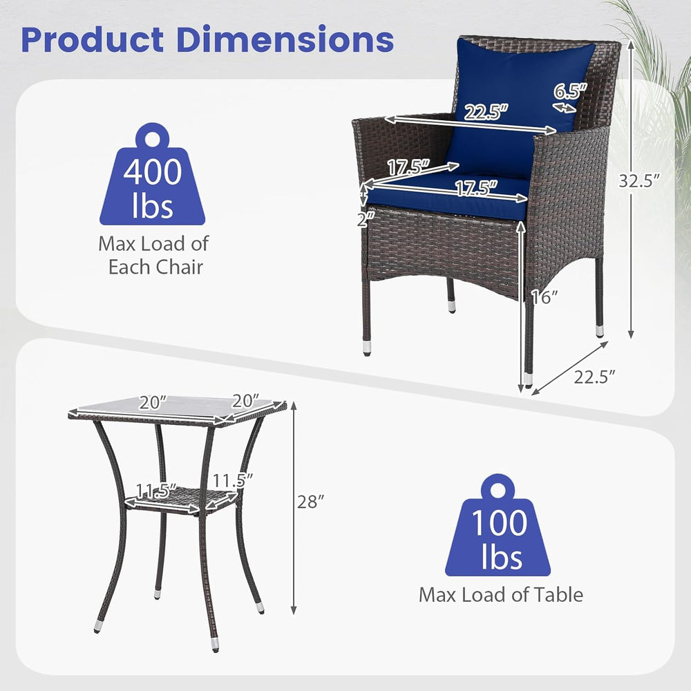 Tangkula 3 Pieces Patio Wicker Bistro Set, 2 Rattan Chairs w/ 2-Tier Tempered...