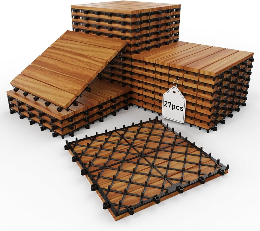 Acacia Wood Deck Tiles, 12" x 12" Interlocking Outdoor Flooring for...