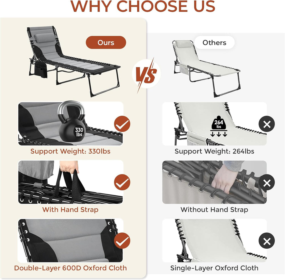 TLSUNNY Padded Folding Lounge Chair with Pillow & Side Pocket