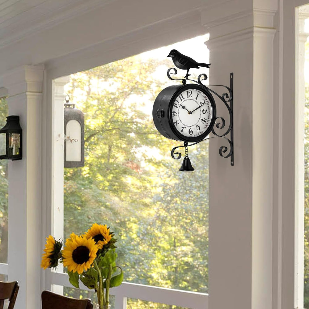 Double-Sided Outdoor Wall Clock with Interchangeable Rooster, Bird & Bear...