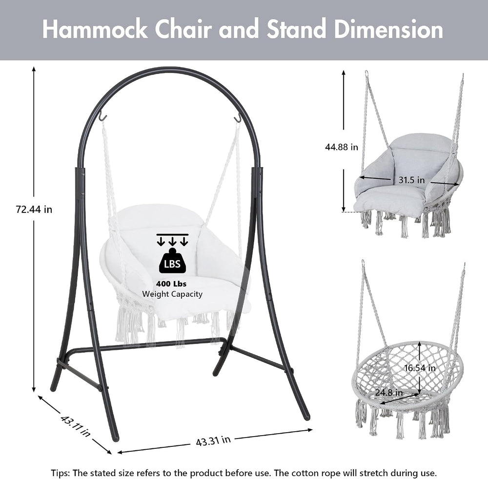 ANOW Heavy Duty Macrame Hammock Chair with Stand, Light Grey Swing Chair