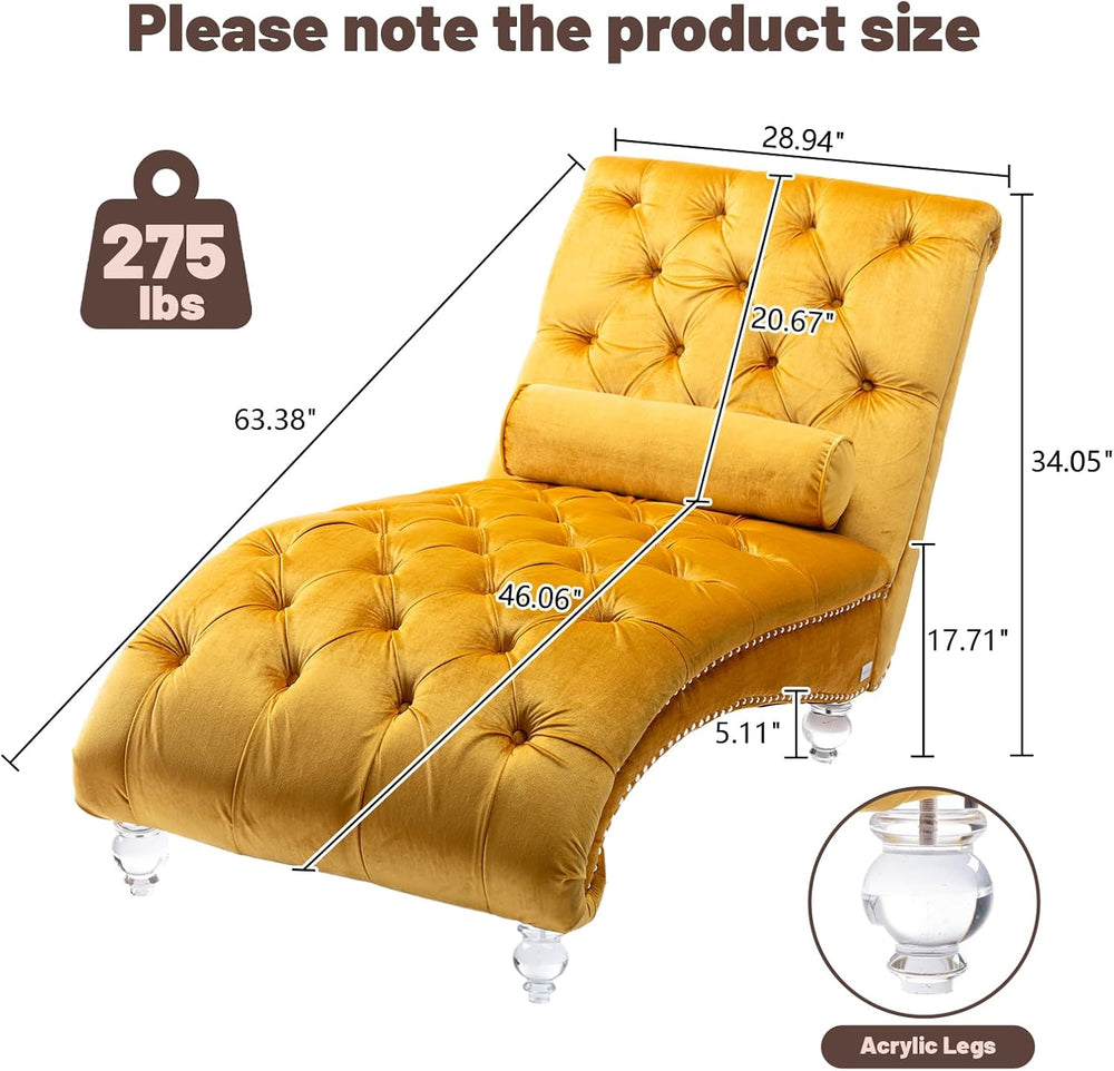 Chaise Lounge Chair Indoor Mustard Velvet Upholstered Button Tufted Chaise Lo...