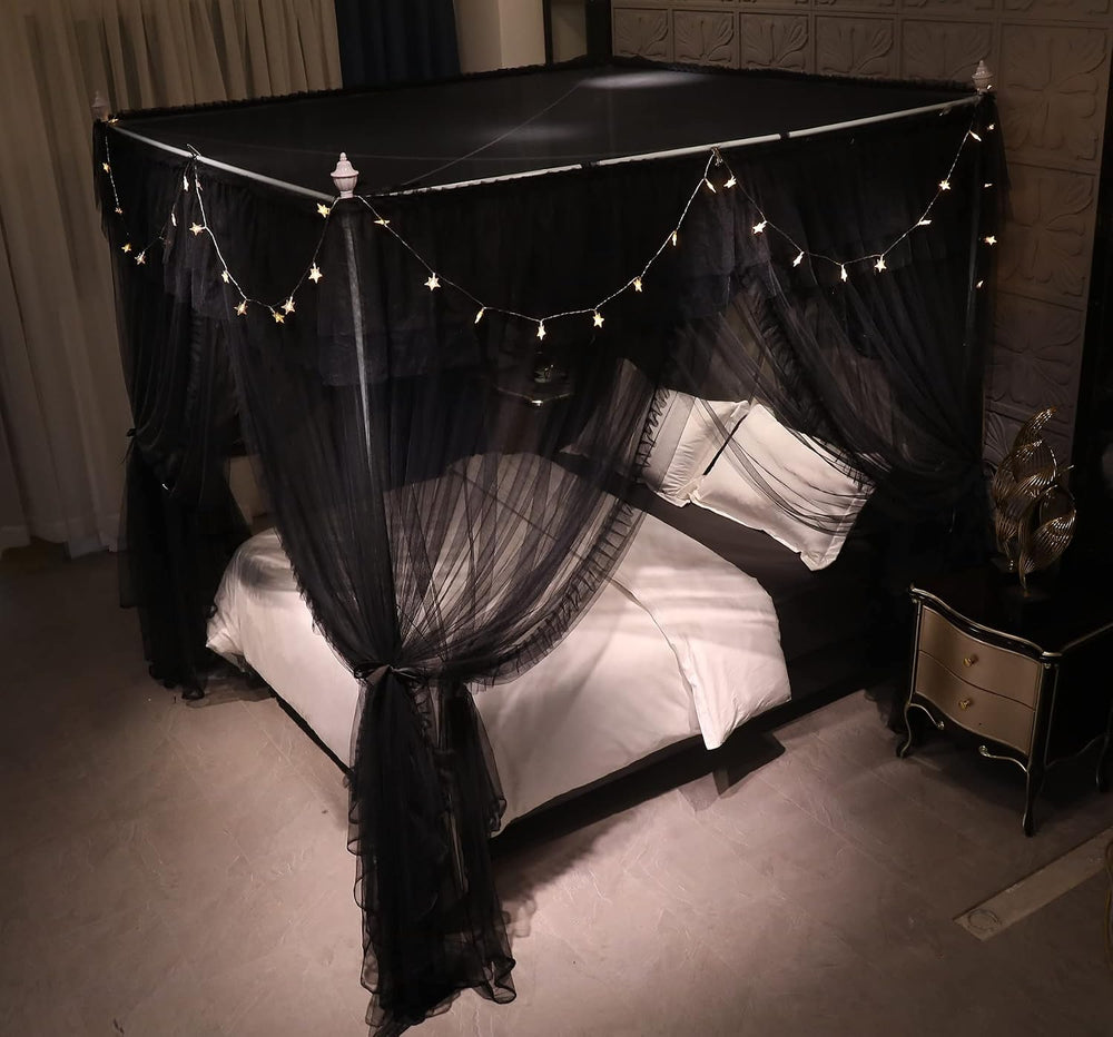 VETHIN 4 Corners Post Ruffle Princess Bed Canopy Curtain-Double Layer Cozy Dr...