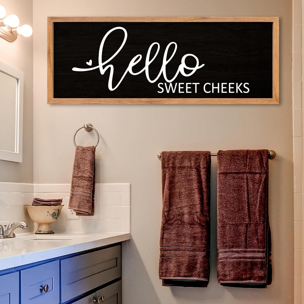 AuraPeak Hello Sweet Cheeks Bathroom Wall Decor, Wood Black, 40"×15"