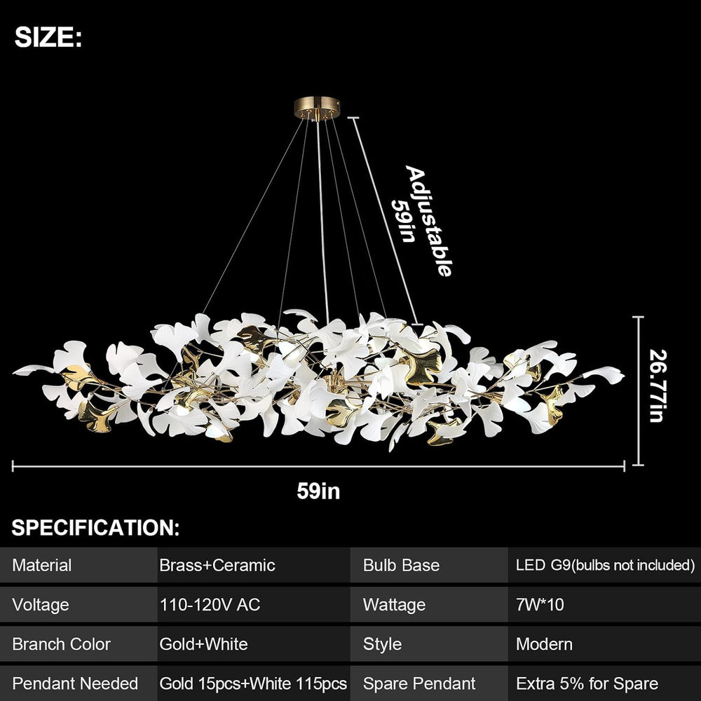 59 Inch White Rectangle Chandelier Gold Ceramic Ginkgo Leaf Chandeliers Brass...