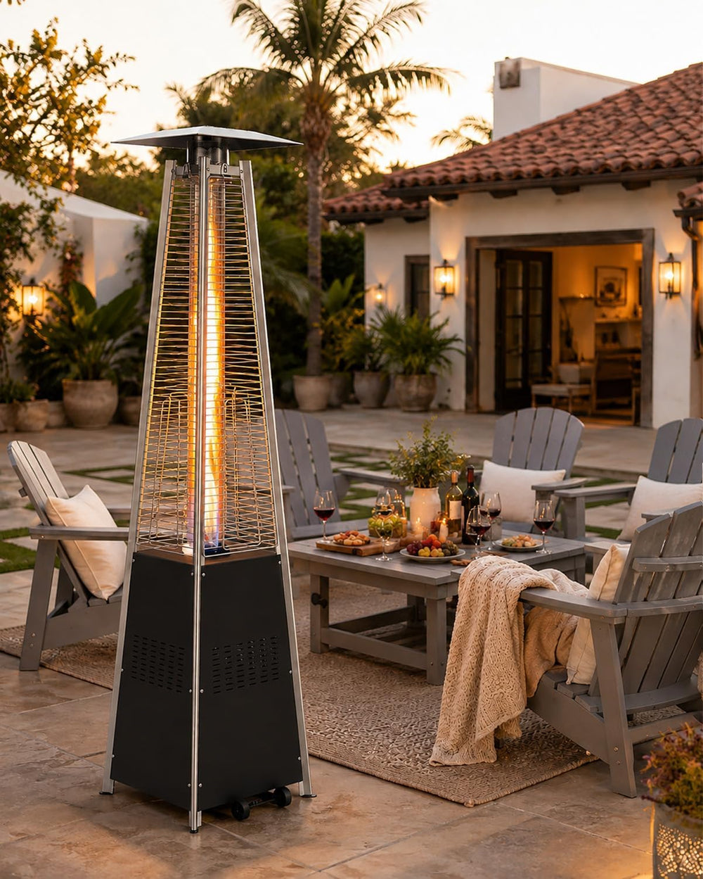 NAVINE 48,000 BTU Pyramid Patio Heater with Wheels, Cover, Dark Black