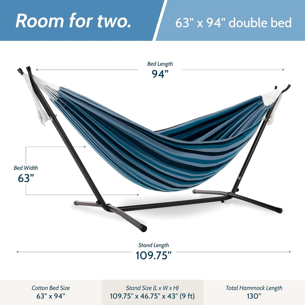 Vivere Double Cotton Hammock, Space Saving Steel Stand, Blue Lagoon, 9 Ft