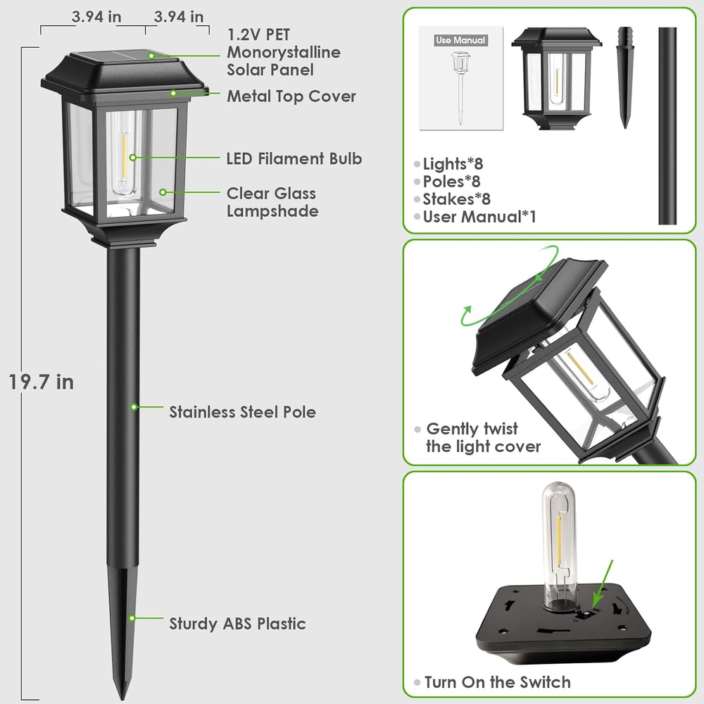 Mancra Solar Outdoor Lights Waterproof, 8 Pack Metal Glass Solar Pathway Ligh...