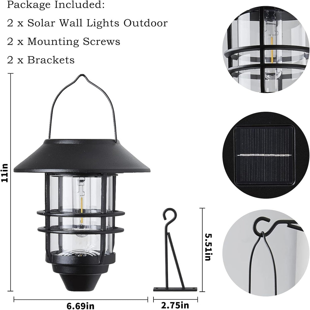 2 Pack Solar Lanterns Outdoor, Hanging Solar Lights for Outside Glass Metal w...