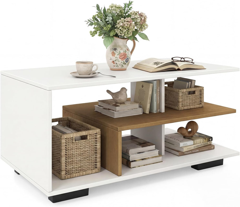 GOFLAME Rectangular Coffee Table for Living Room, 3-Tier Wood Center Table wi...
