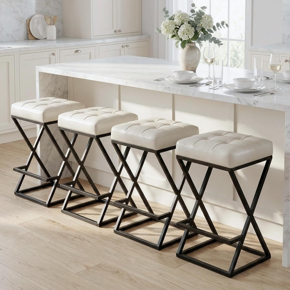 Bar Stools Set of 2, 26 Inch Counter Height Faux Leather Cream White