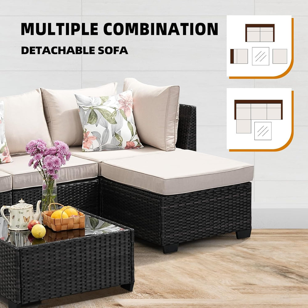 5-Piece Outdoor Patio Furniture Set, Modular Wicker Sectional Sofa with Thick...