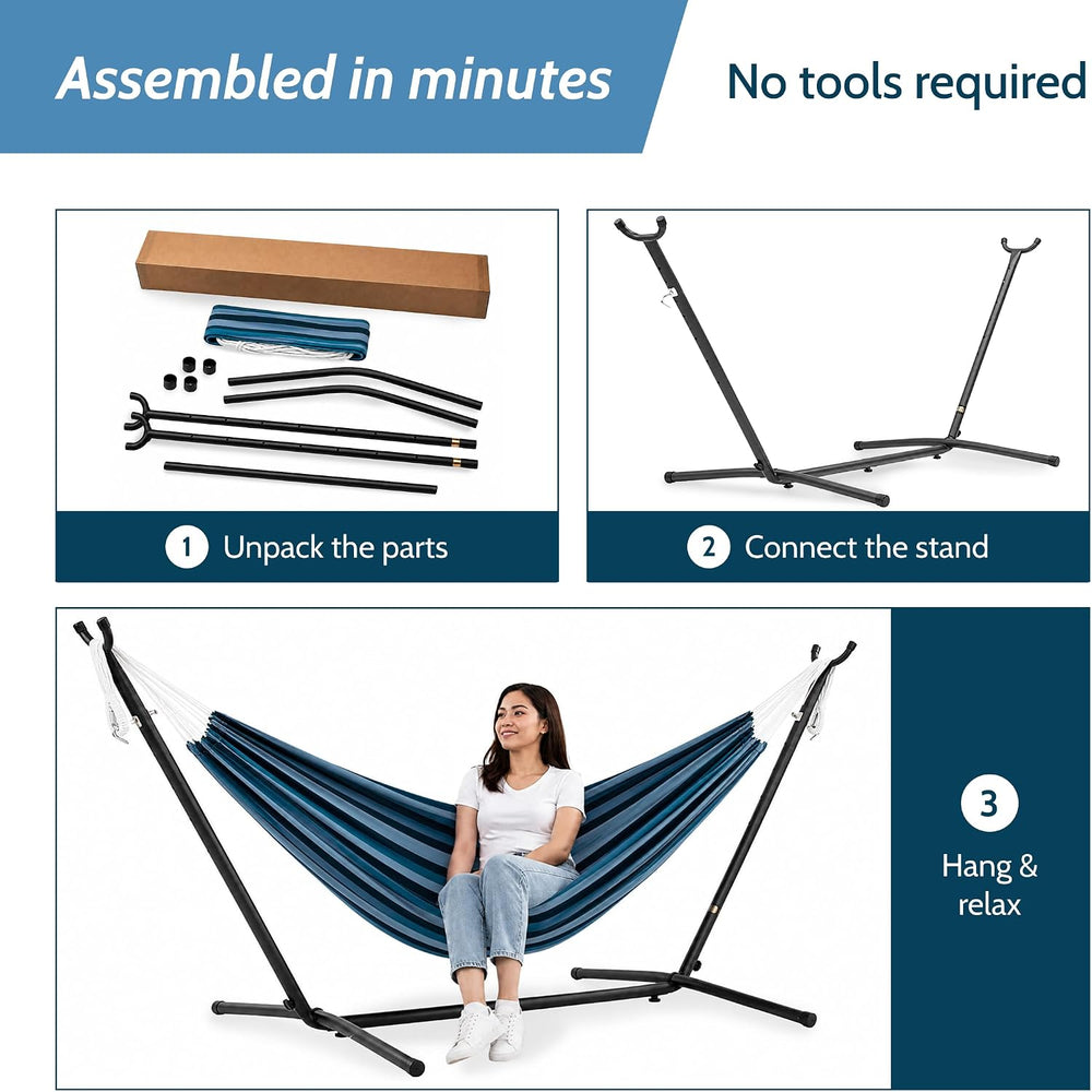 Vivere Double Cotton Hammock, Space Saving Steel Stand, Blue Lagoon, 9 Ft