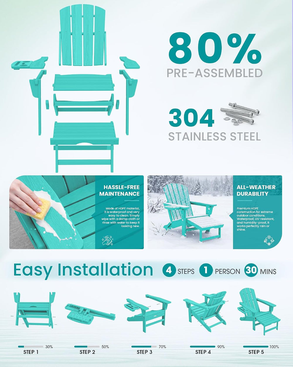 SERWALL Folding Adjustable Adirondack Chairs with Footrest Set of 4, HDPE Out...