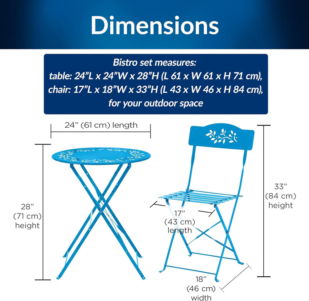 Alpine Corporation 3-Piece Bistro Set with Folding Table and 2 Chairs, Durabl...