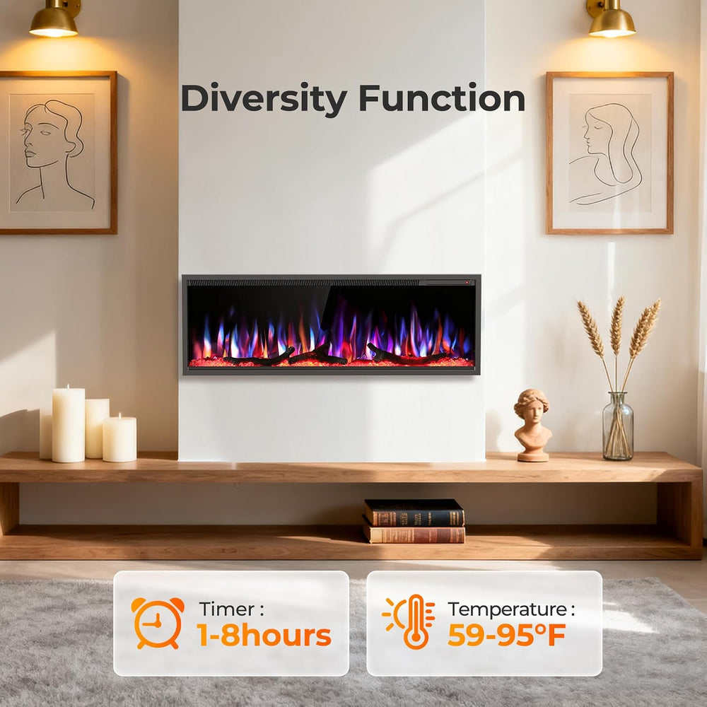R.W.FLAME 50" Recessed and Wall Mounted Smart Electric Fireplace, Alexa/...