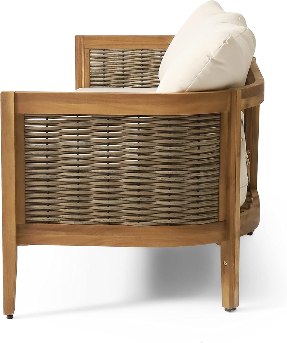 Burchett Outdoor 3 Seater Sofa with Cushions - Acacia Wood and Round Wicker -...