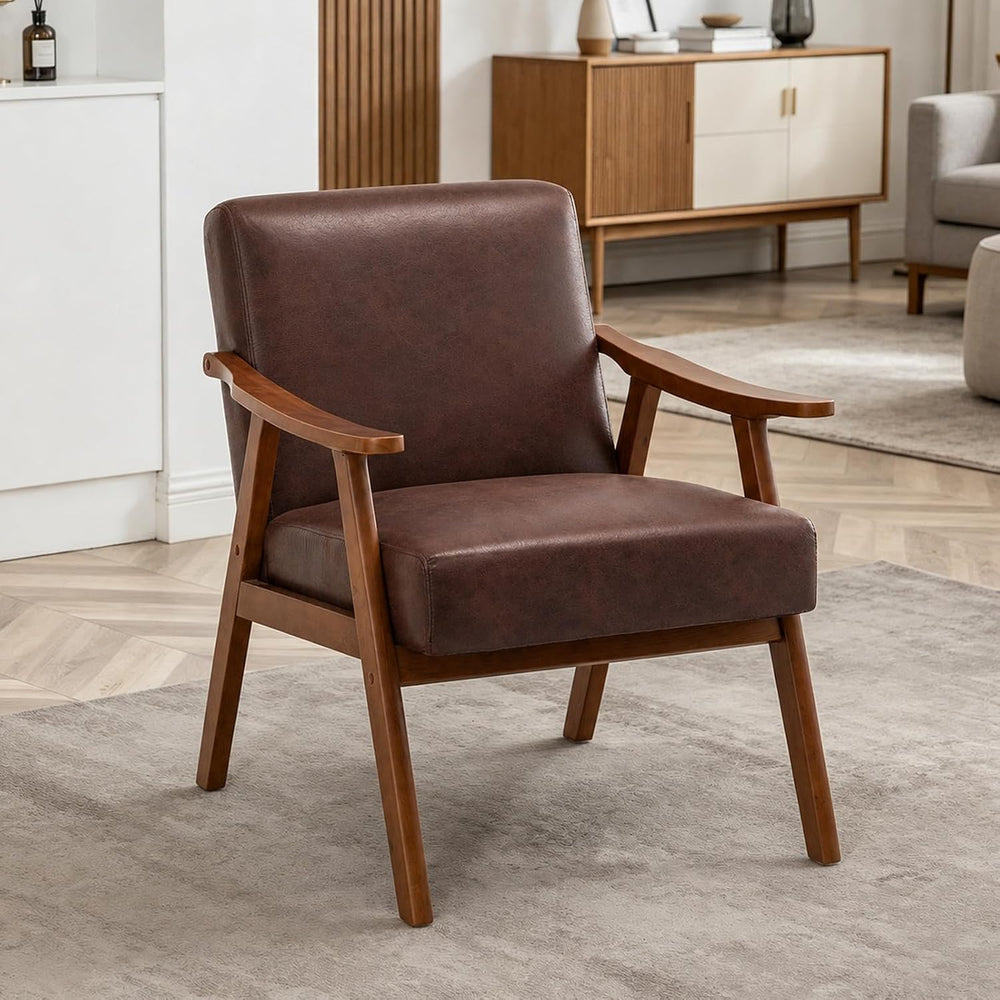 Anwick Mid-Century Modern Accent Chair,PU Leather Living Room Chair with Soli...