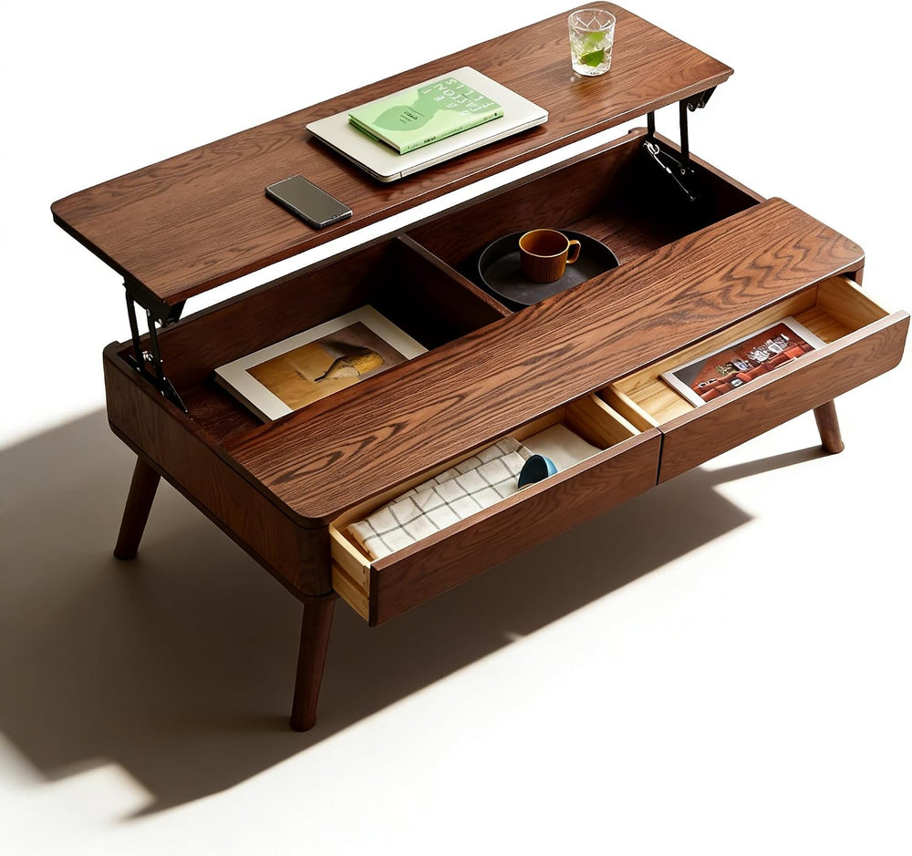 Wood Lift Top Coffee Table, 100% Solid Oak Wood Small Rising Dining Center Ta...