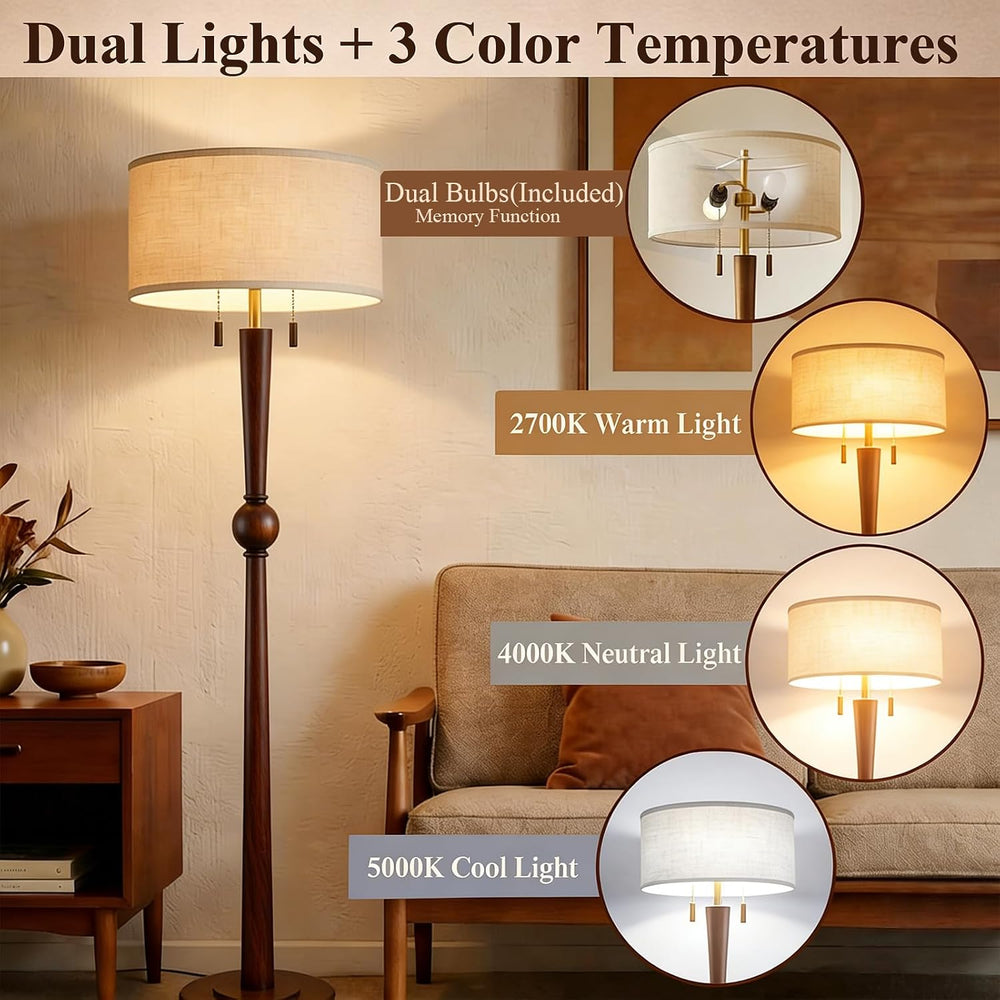 MOFFE Solid Wood Floor Lamp for Living Room with Wooden Pull Chains