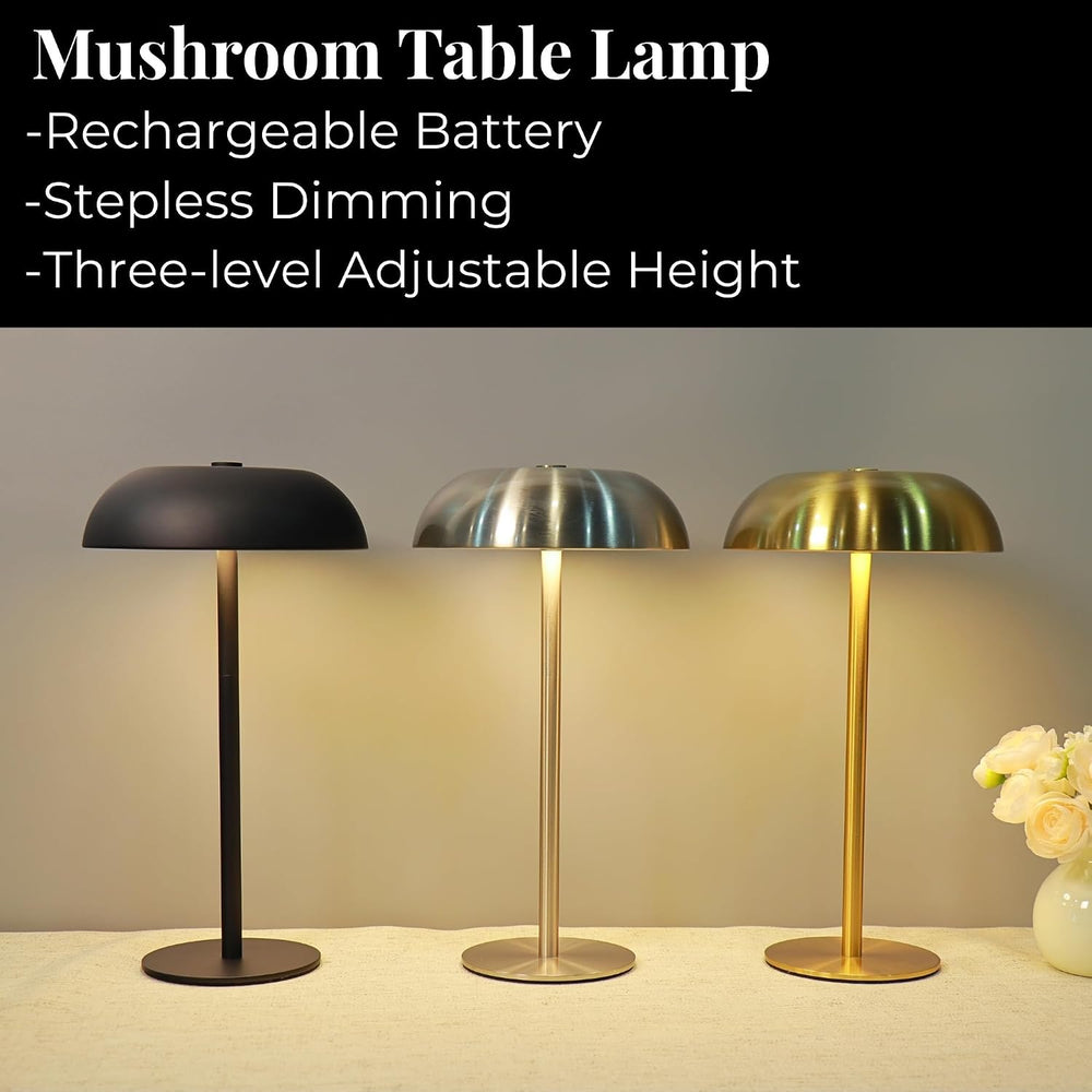 Cordless 11" Mushroom Table Lamp with Dimmable 3 Color, 5200mAh, Gold