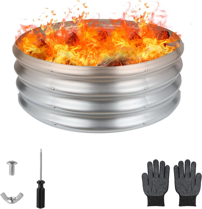 Raynesys 24″ Round Galvanized Fire Pit Ring for Outdoor Wood Burning Silver