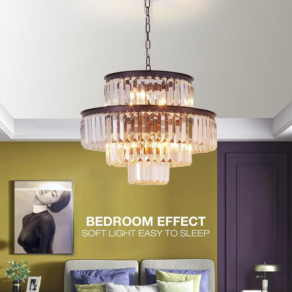 Modern Crystal Chandelier 20" Brown Round Pendant Light, 4-Tier Luxury C...