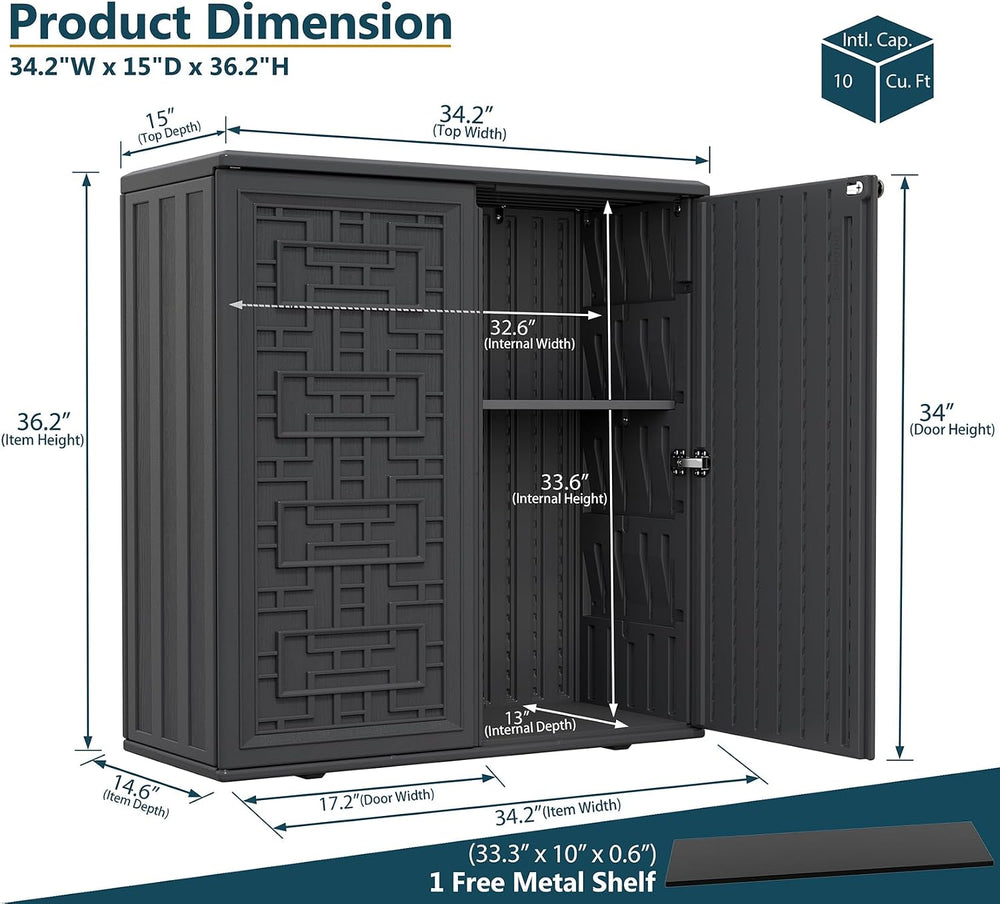 HOMSPARK Indoor/Outdoor Storage Cabinet with Doors and Shelf, 34”x15”x36” HDP...