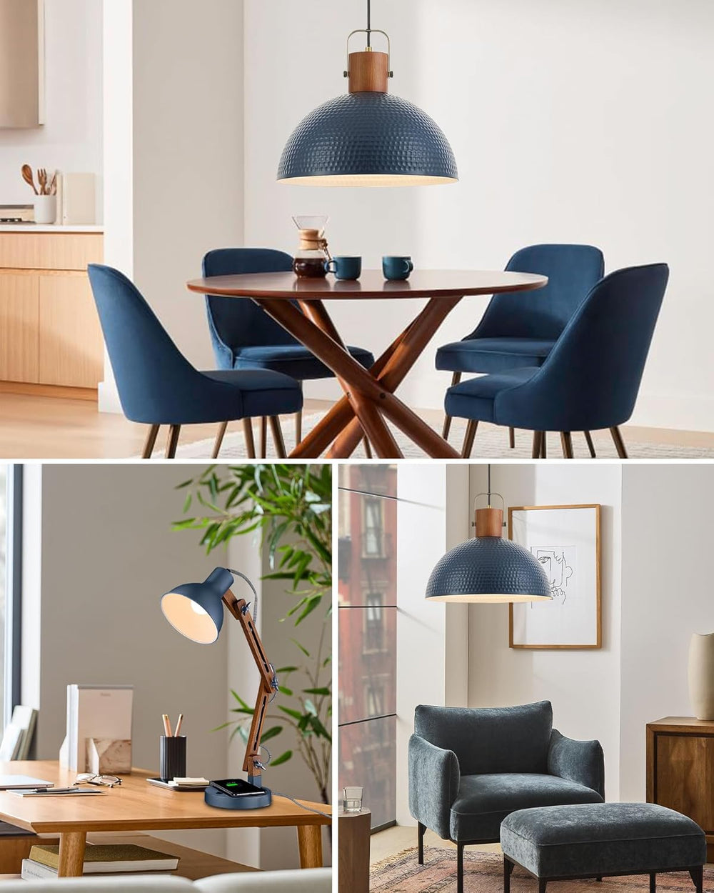ELYONA 16” Large Ash Wood Pendant Light with Hammered Blue Metal & Brushe...