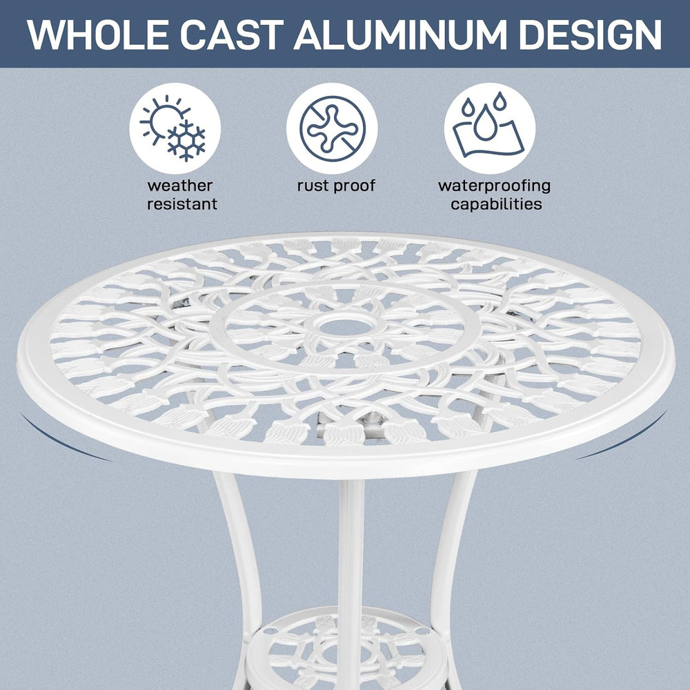 Outvita 3 Piece Cast Aluminum Bistro Set, Tulip Pattern White