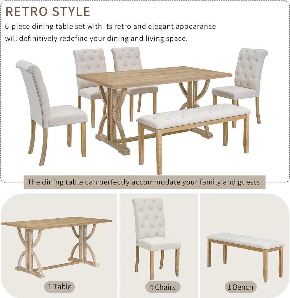 Merax 6-Piece Solid Wood Dining Table Set for 6, Wood Rectangular Kitchen Tab...