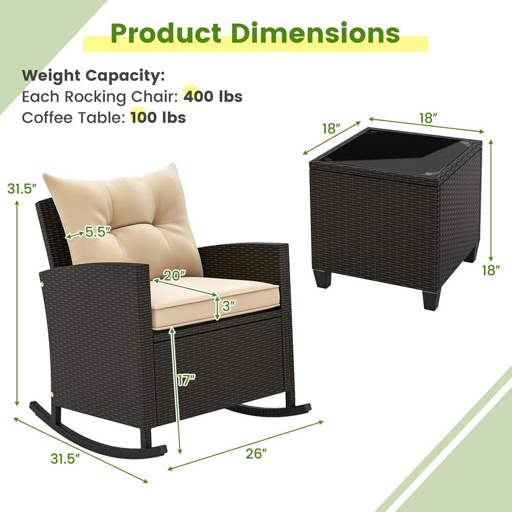 KOTEK 3 Piece Patio Furniture Rocking Bistro Set, Wicker Outdoor Rocking Chai...