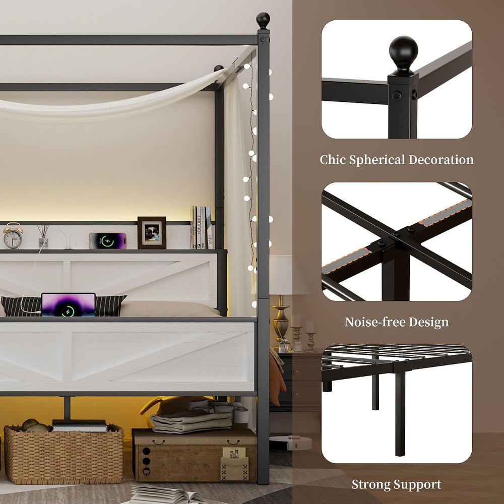 Canopy Bed Frame Queen Size with Barn Storage Headboard, White