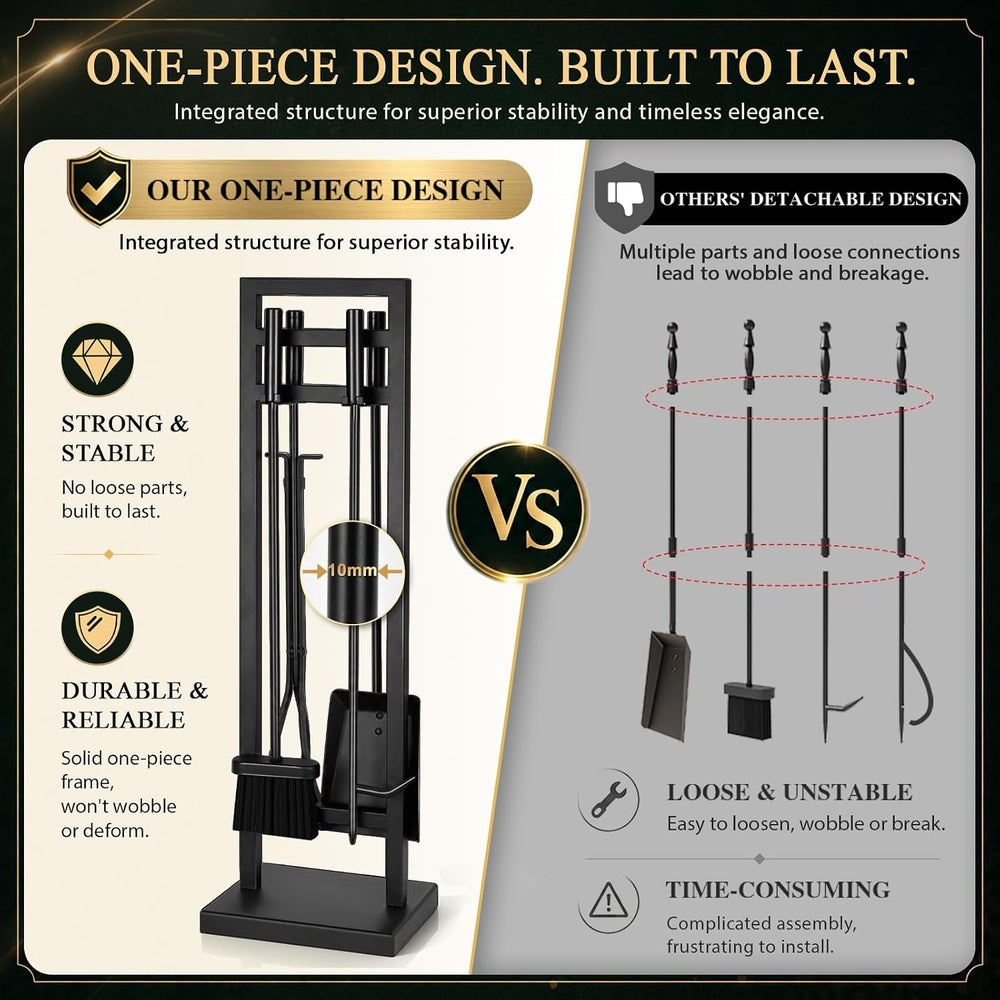 FEED GARDEN 5-Piece Fireplace Tool Set, 30" One-Piece Stand, 10mm Solid