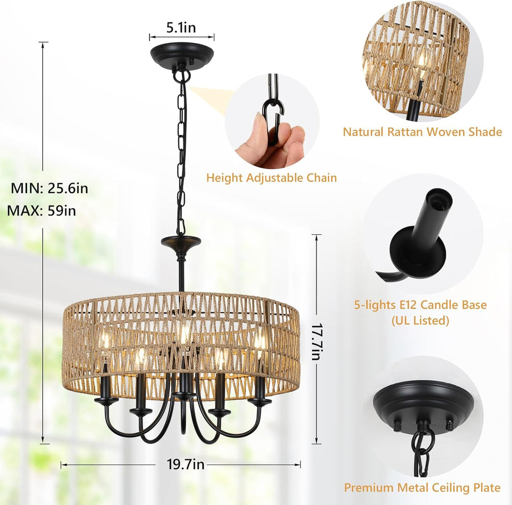 LAMSU Modern Farmhouse Chandelier Light Fixtures, 5-Lights Large Rattan Penda...