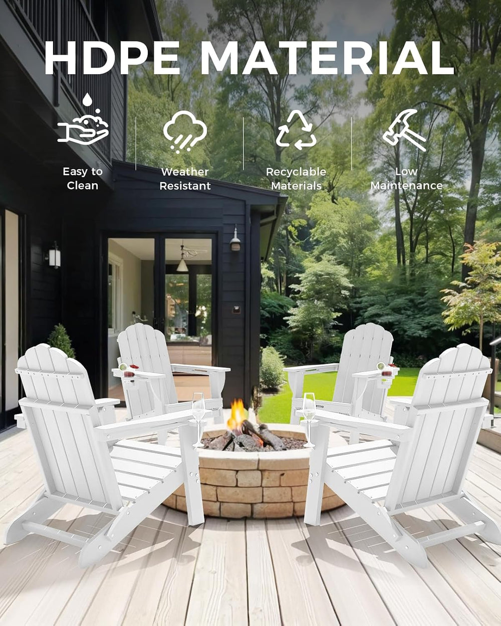 Folding Adirondack Chairs Set of 4, Plastic Patio Chair with 2 Cup Holders