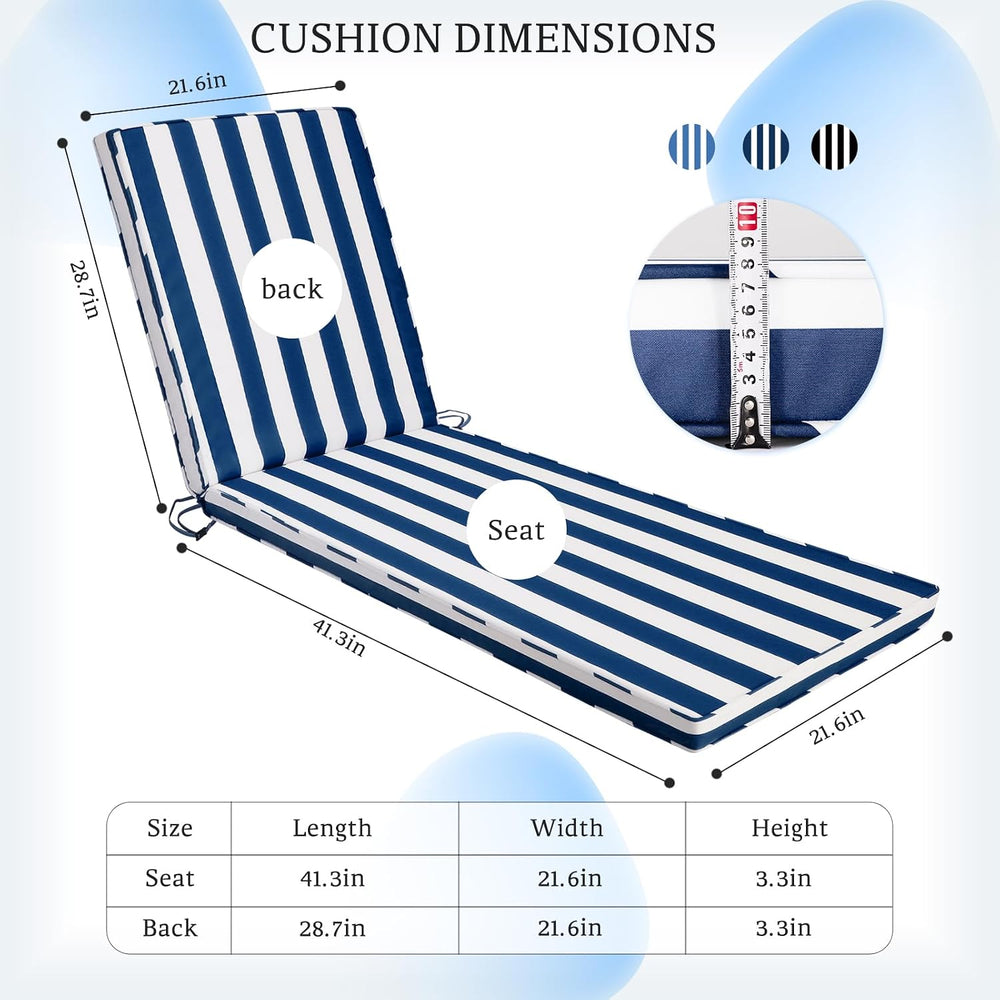 Outdoor Chaise Lounge Cushions, 71x22x3 in, Blue White Stripes