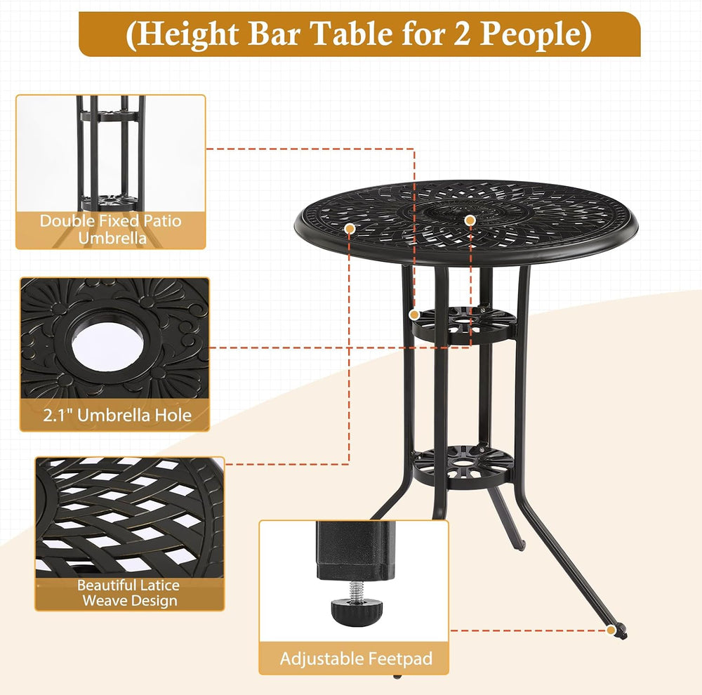 3-Piece Cast Aluminum Patio Bar Set, Outdoor Round High Top Table & 2 Swi...