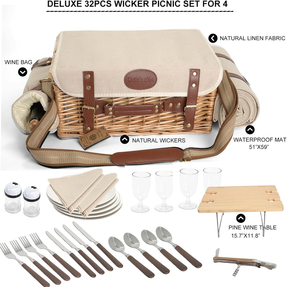 Multifunctional Wicker Picnic Basket Set for 4 with Blanket and Picnic Table,...
