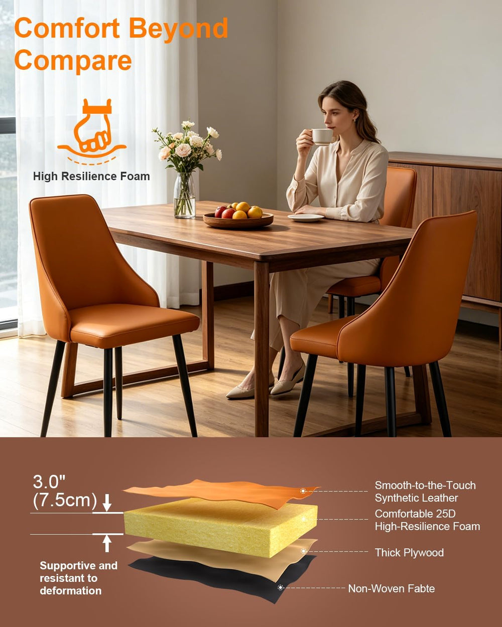 Mid-Century Modern Dining Chairs, Set of 2 Orange Leather Upholstered High Ba...