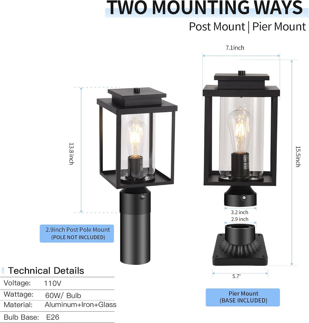 Dusk to Dawn Black Outdoor Post Light Hardwired with Pier Mount Base