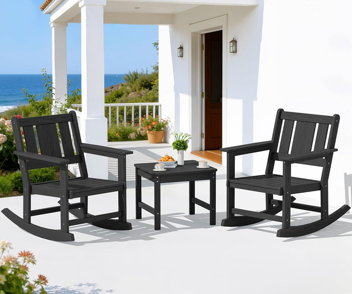 SERWALL 3-Piece Patio Furniture Set with 2 Rocking Chairs & Table, Black