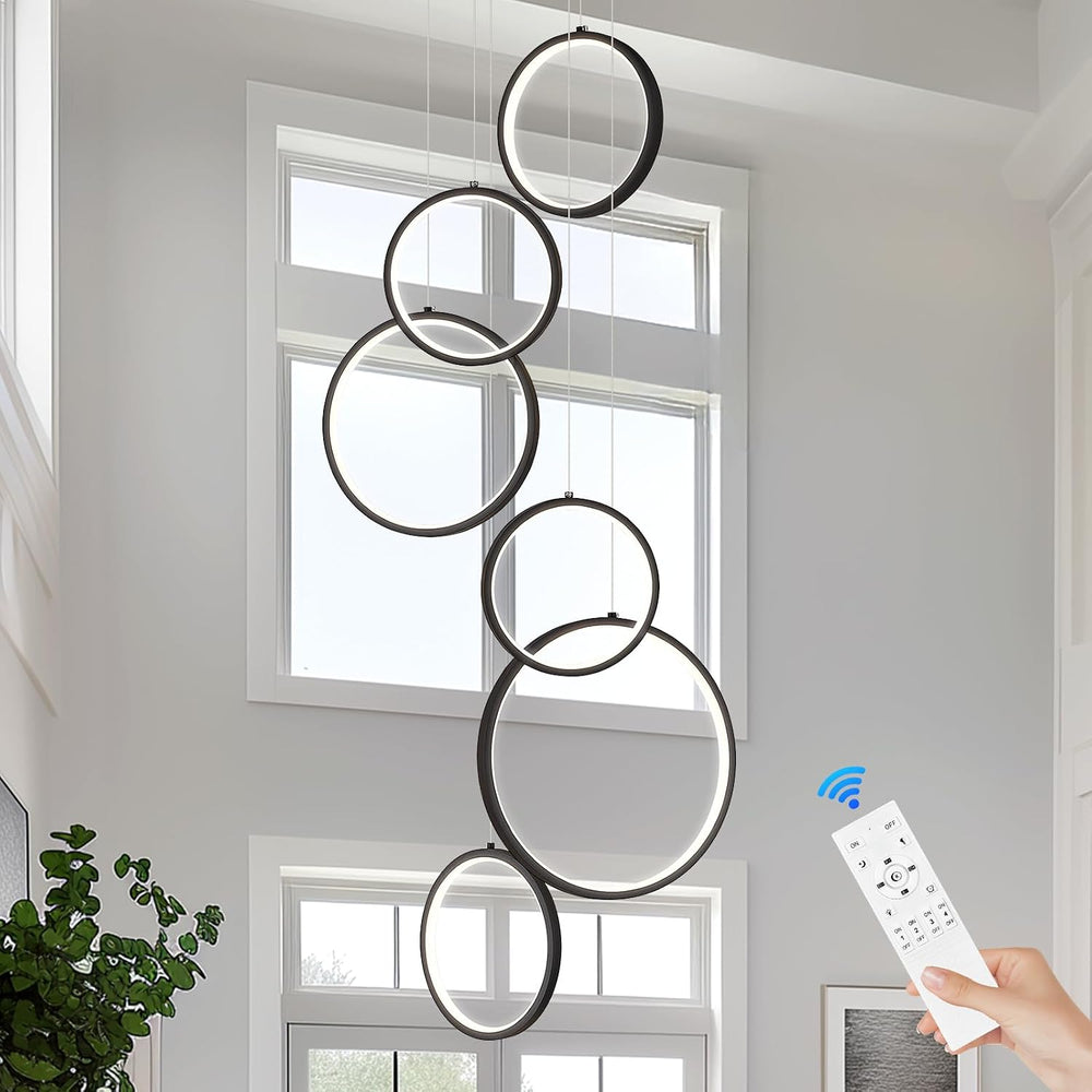 Benkut Modern LED Chandelier 6 Ring Black LED Pendant Light Adjustable Height...